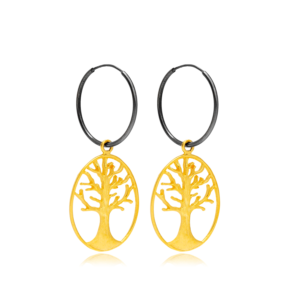 22K Gold Plated Life of Tree Shape Oxidized Vintage Hoop Earrings 925 Sterling Silver Jewelry