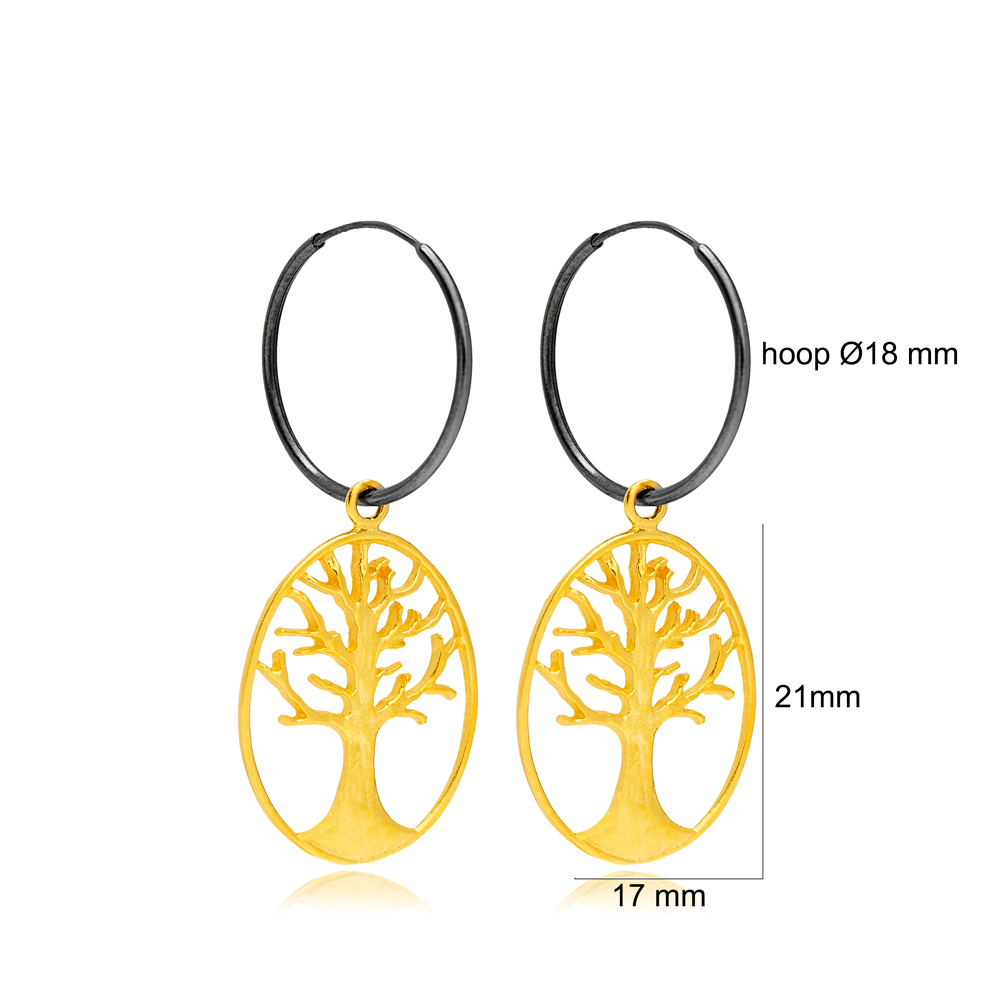 22K Gold Plated Life of Tree Oxidized Vintage Hoop Earrings 925 Sterling Silver Jewelry