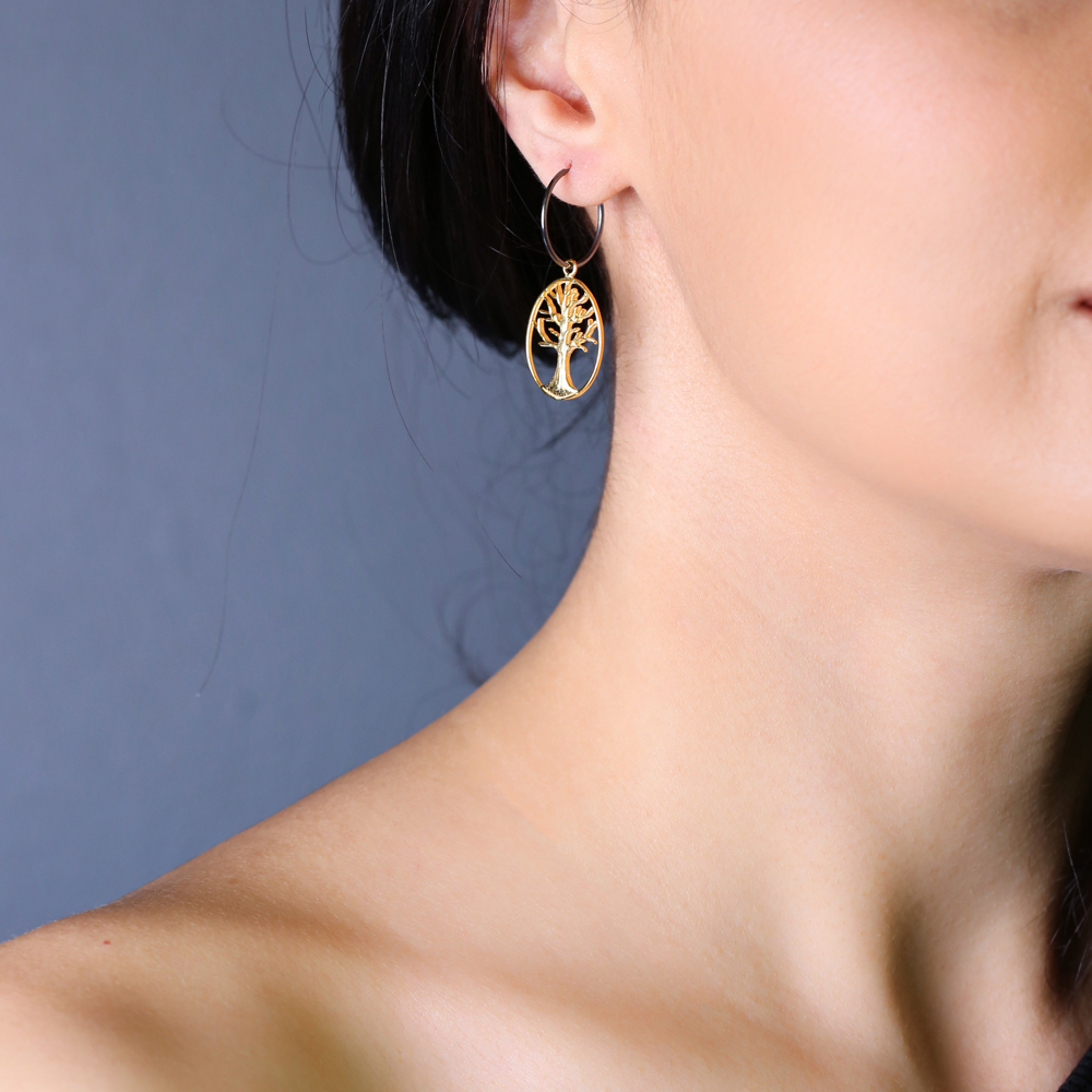 22K Gold Plated Life of Tree Shape Oxidized Vintage Hoop Earrings 925 Sterling Silver Jewelry