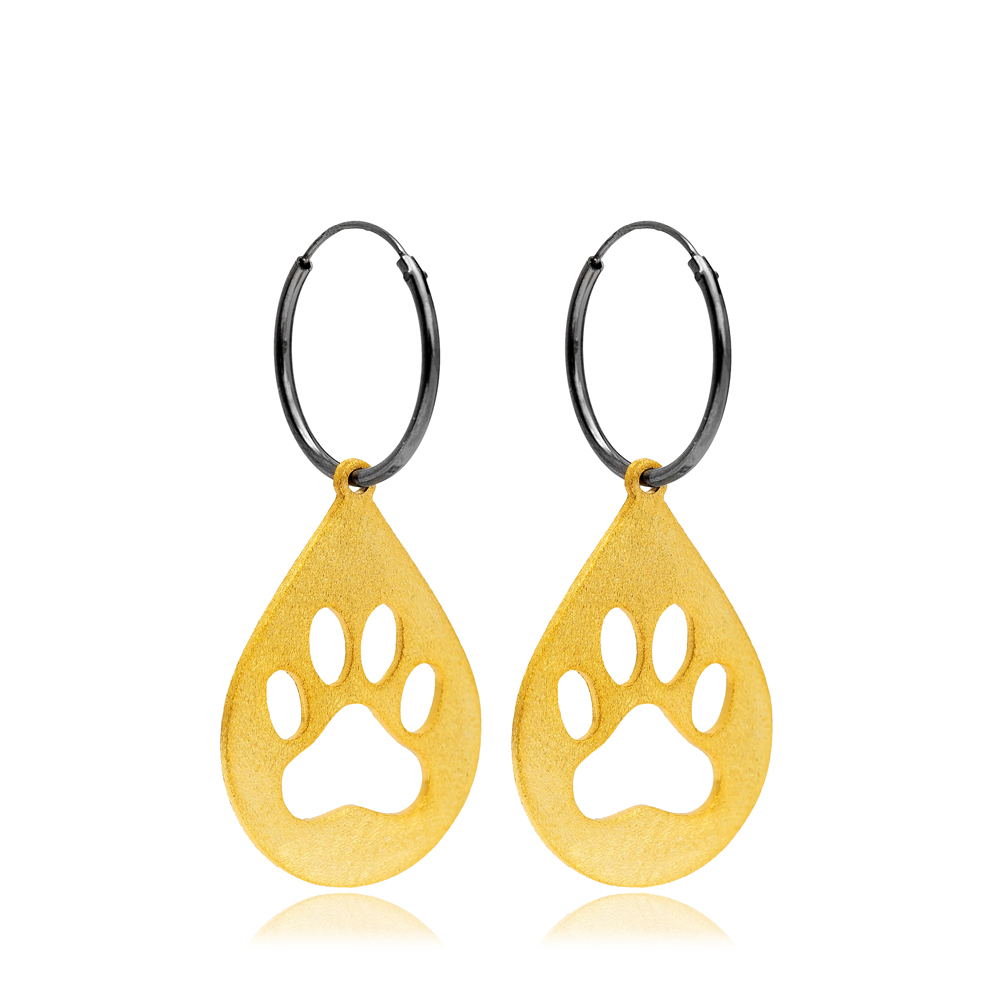 Paw Design 22K Gold Plated Oxidized Vintage Hoop Earrings 925 Sterling Silver Jewelry