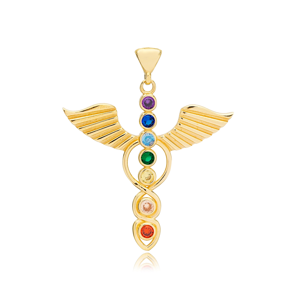 Rainbow Mix Stone Dainty Wing Charm Pendant 925 Sterling Silver Handmade Turkish Jewelry