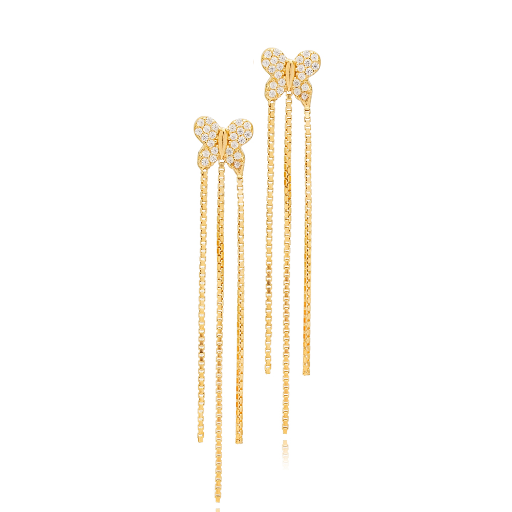 Butterfly Design Elegant Triple Chain Long Stud Earrings 925 Sterling Silver Jewelry