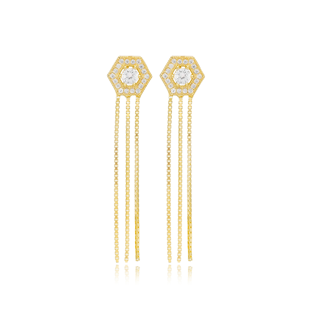 Hexagon Design Geometric Elegant Triple Chain Long Stud Earrings 925 Sterling Silver Jewelry