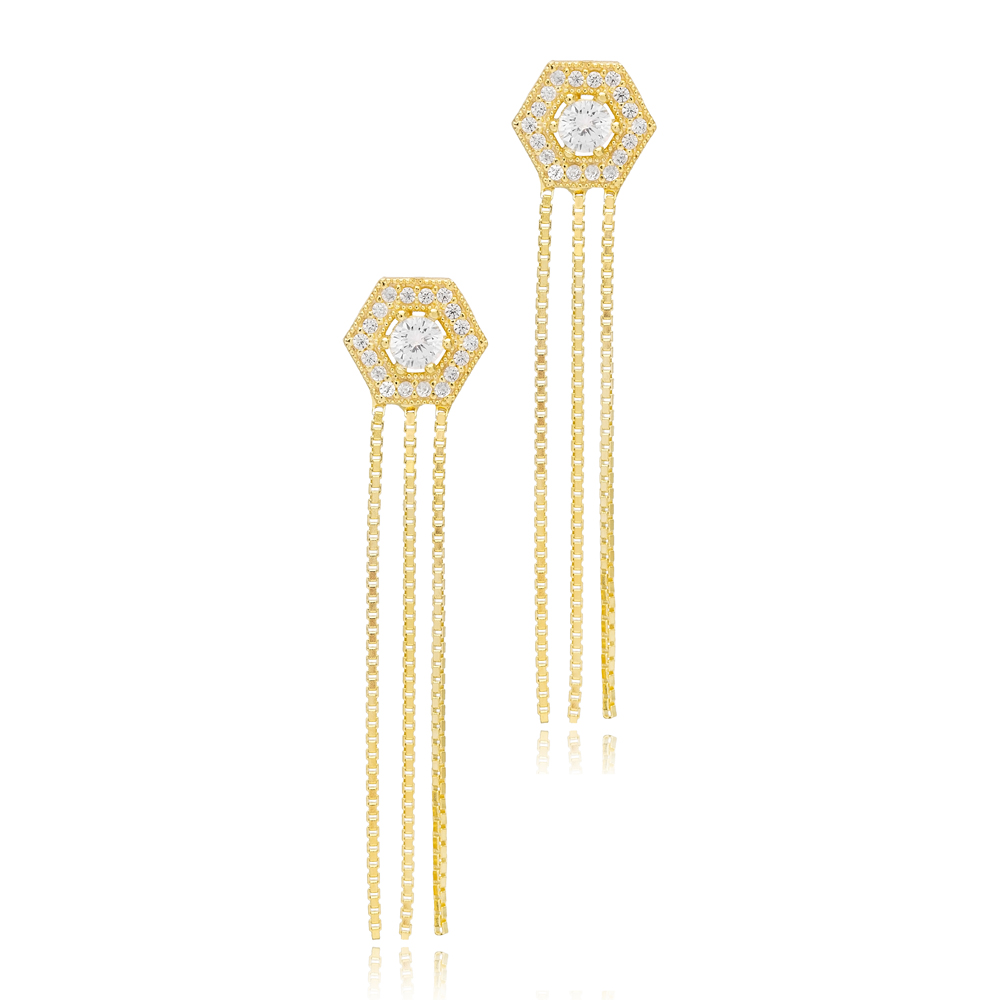 Hexagon Design Geometric Elegant Triple Chain Long Stud Earrings 925 Sterling Silver Jewelry