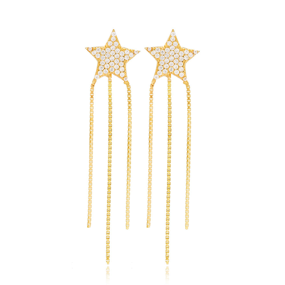 Stylish Star Design Trendy Triple Chain Long Stud Earrings 925 Sterling Silver Jewelry