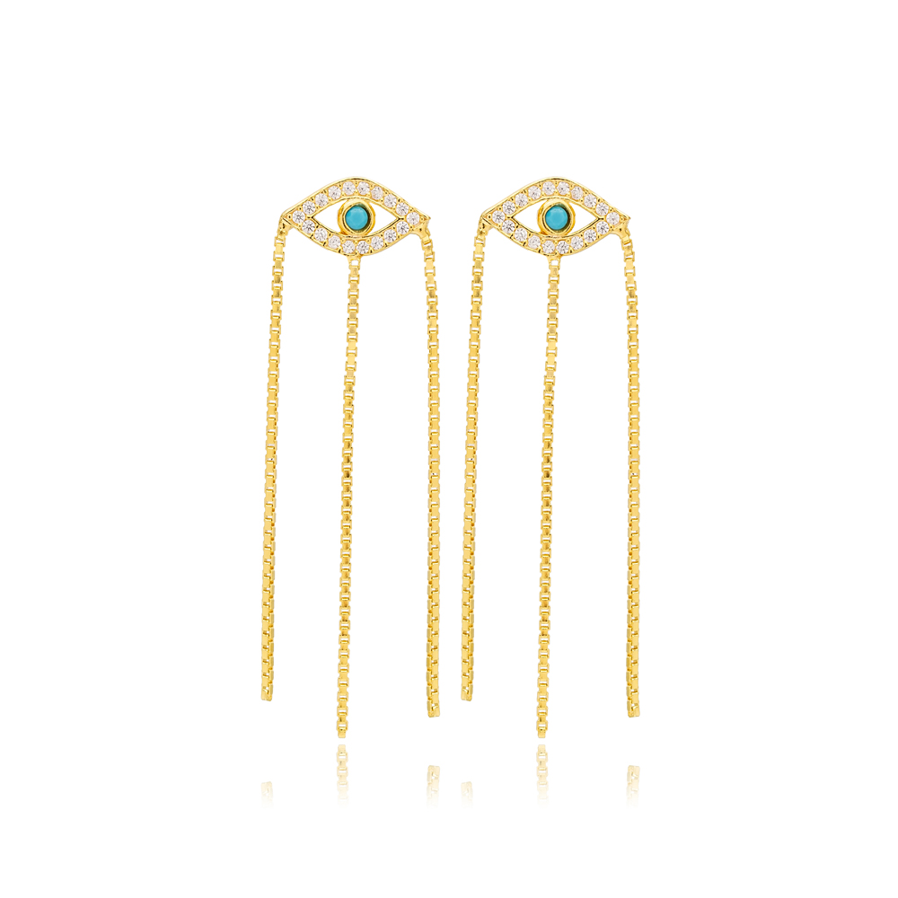Turkish Evil Eye Design Elegant Triple Chain Long Stud Earrings 925 Sterling Silver Jewelry
