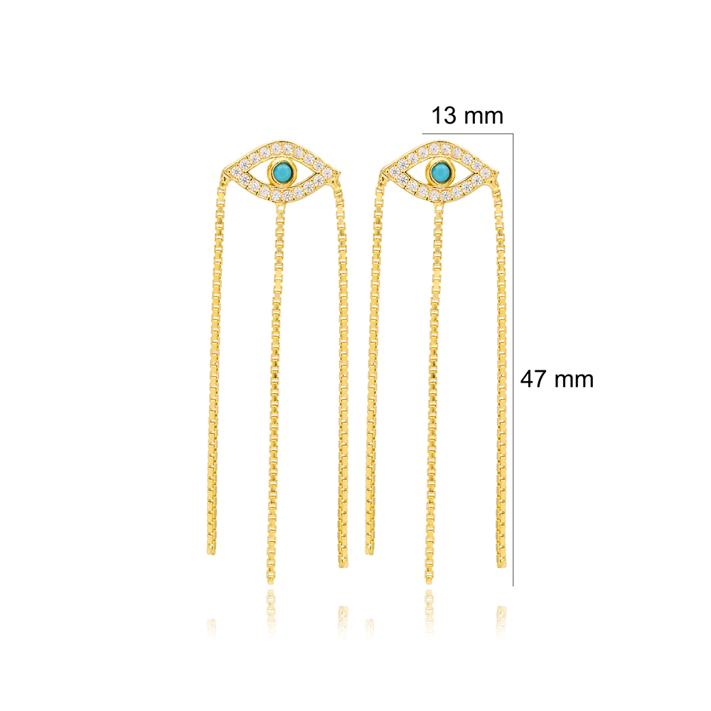 Turkish Evil Eye Elegant Triple Chain Long Stud Earrings 925 Sterling Silver Jewelry