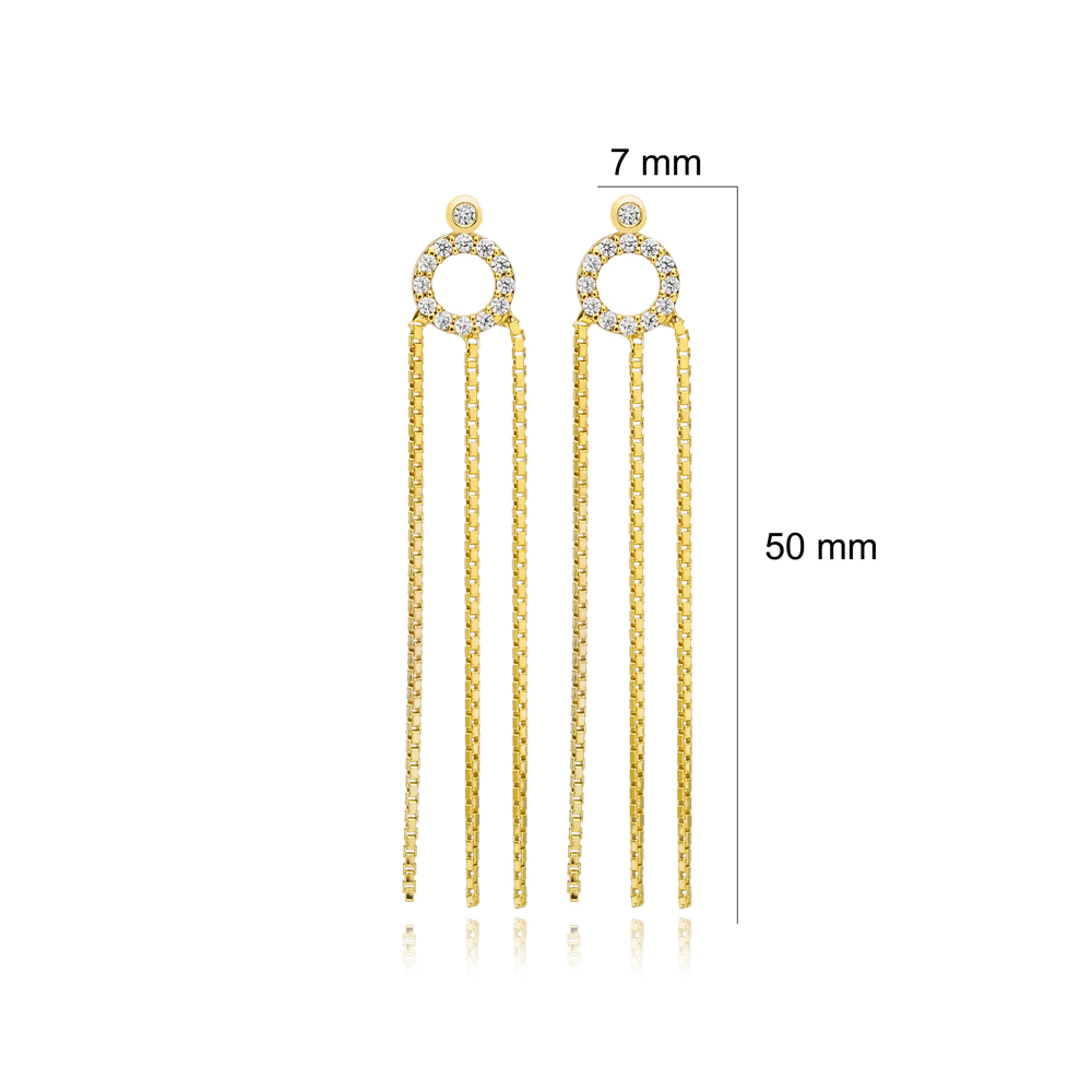 Hollow Round Shape Elegant Triple Chain Long Stud Earrings 925 Sterling Silver Jewelry