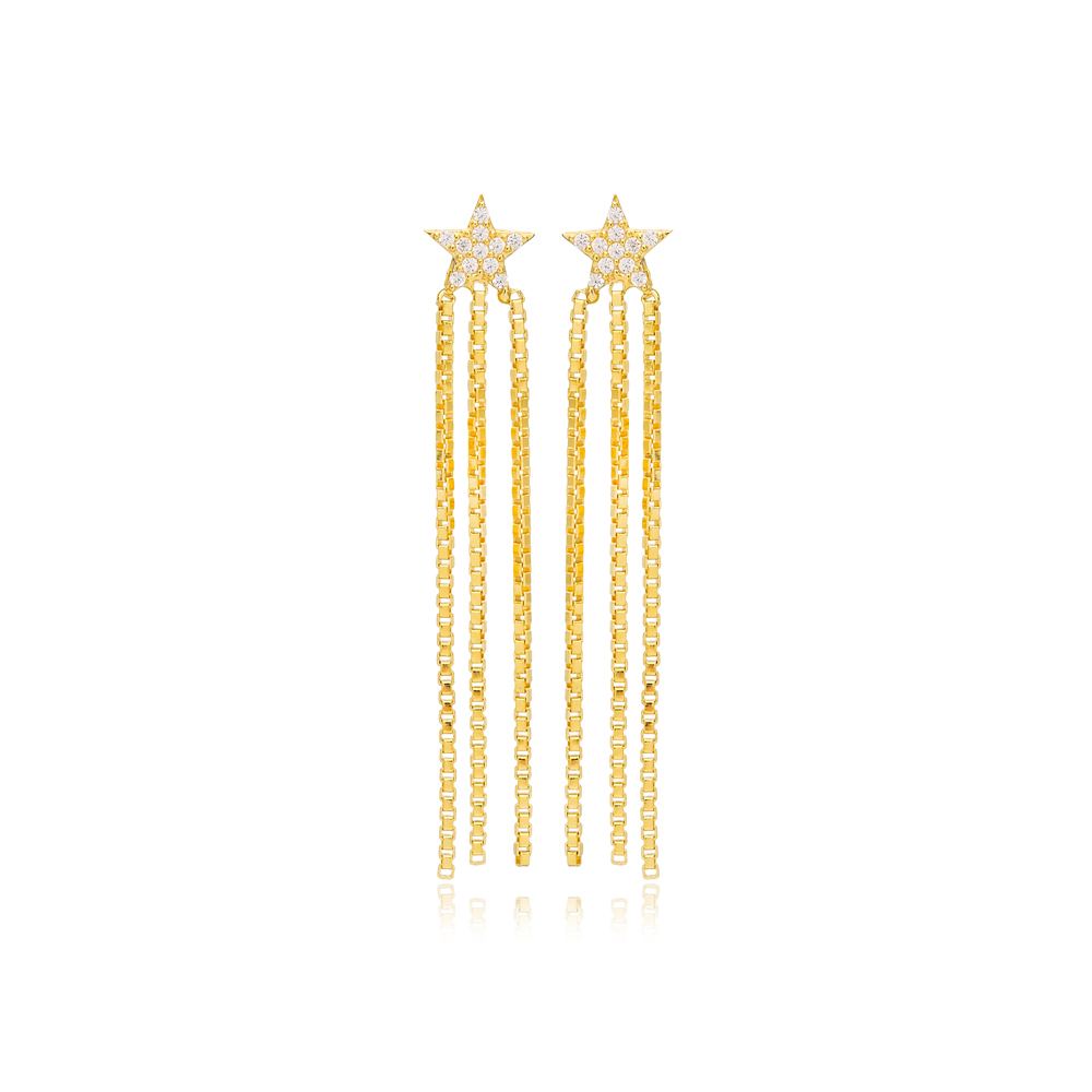 Tiny Star Design Trendy Triple Chain Long Stud Earrings 925 Sterling Silver Jewelry