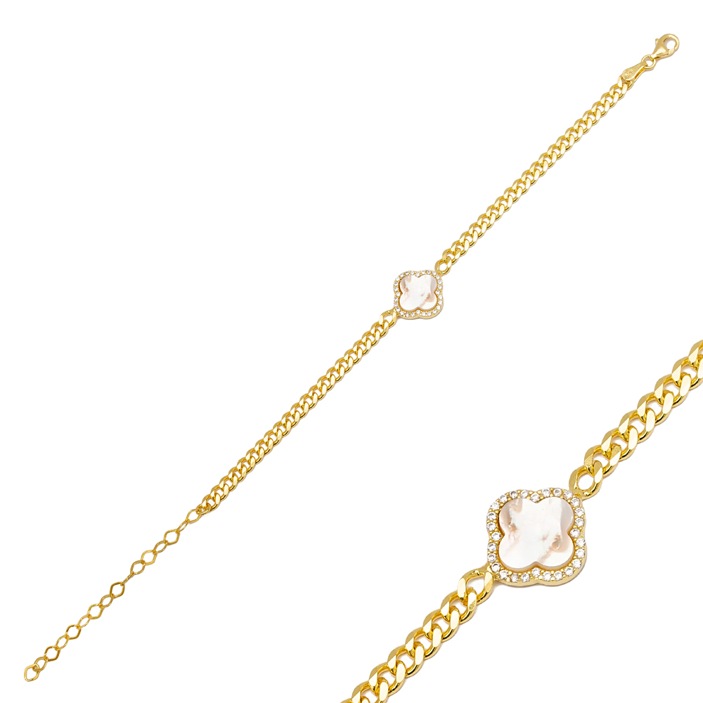 Mother of Pearl Four Leaf Clover Design Charm Bracelet 925 Sterling Silver Jewelry