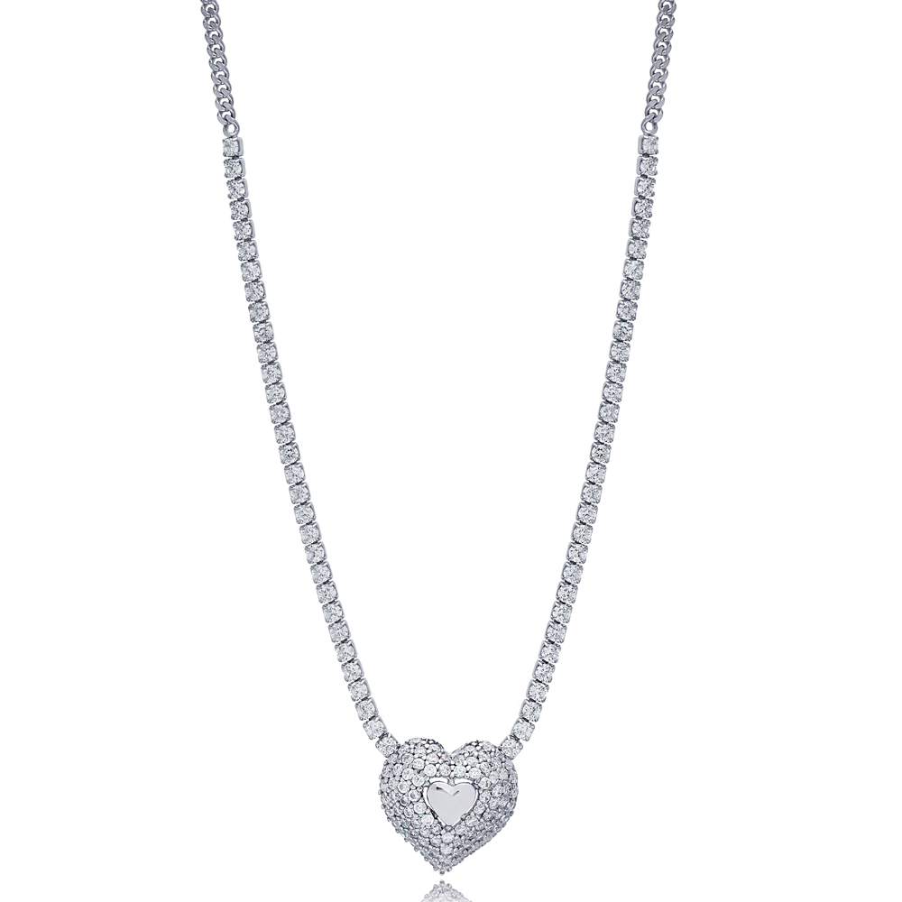 Trendy Heart Design Tennis Charm Necklace Pendant Turkish Handmade 925 Sterling Silver Jewelry