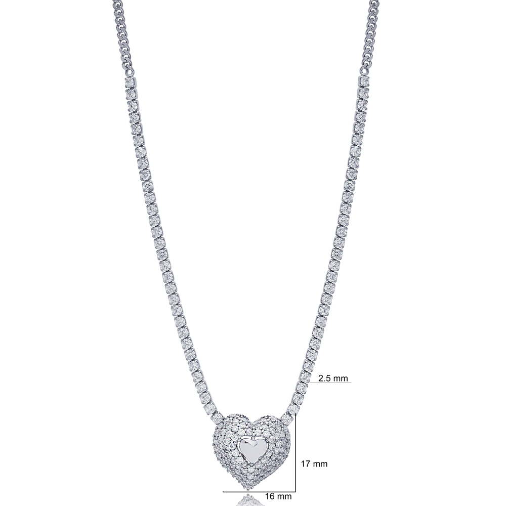 Trendy Heart Design Tennis Charm Necklace Pendant Turkish Handmade 925 Sterling Silver Jewelry