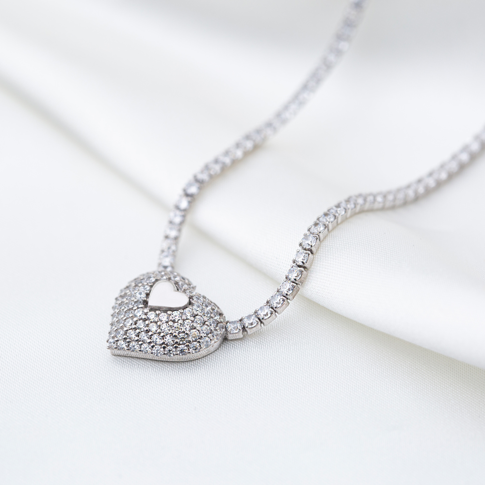 Trendy Heart Tennis Charm Necklace Pendant Turkish Handmade 925 Sterling Silver Jewelry