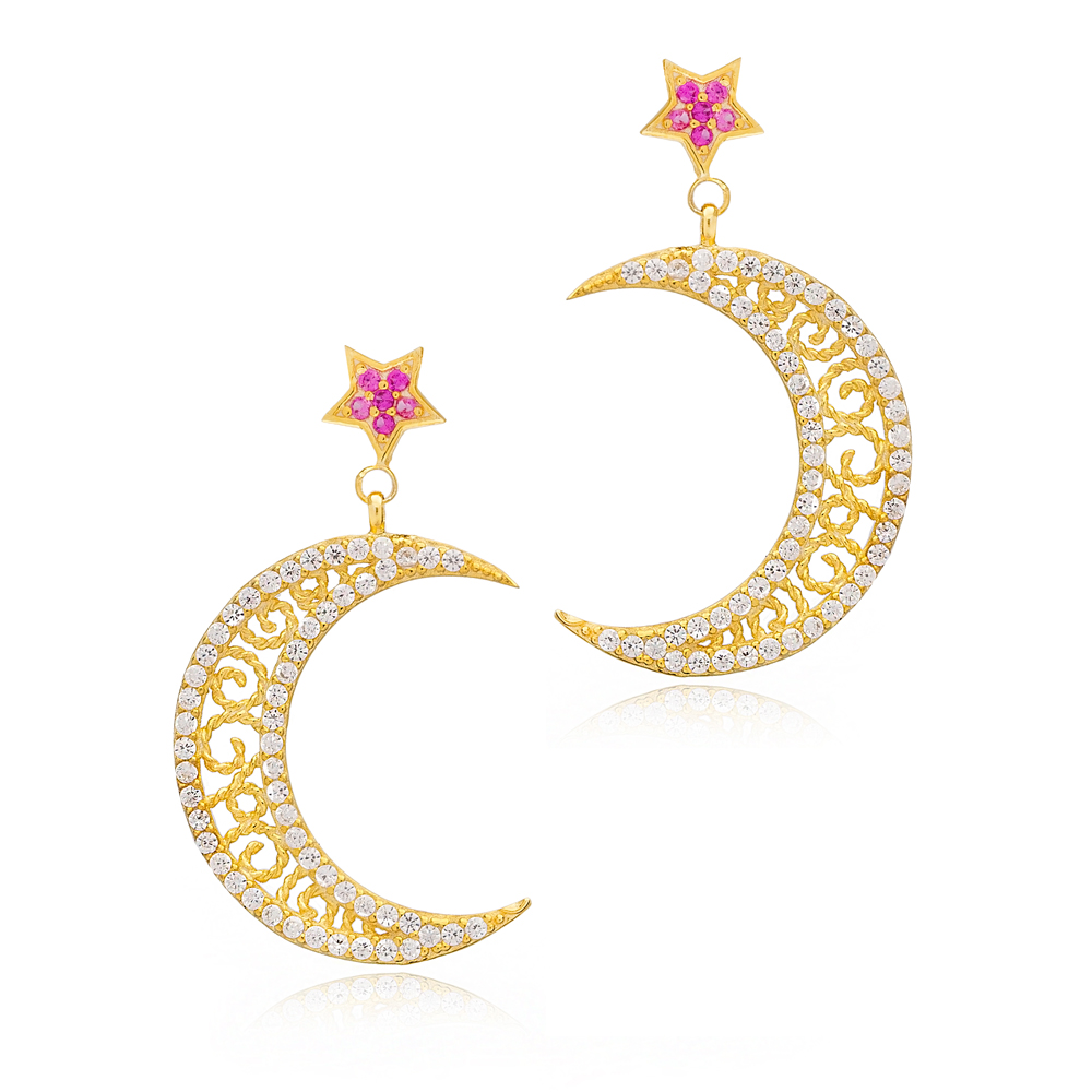 Moon and Ruby Star Charm Stud Earrings Wholesale Handmade Turkish 925 Silver Sterling Jewelry
