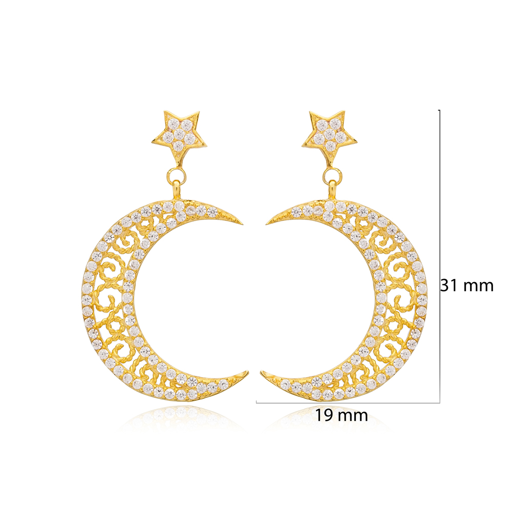 CZ Stone Moon and Star Charm Stud Earrings Wholesale Handmade Turkish 925 Silver Sterling Jewelry