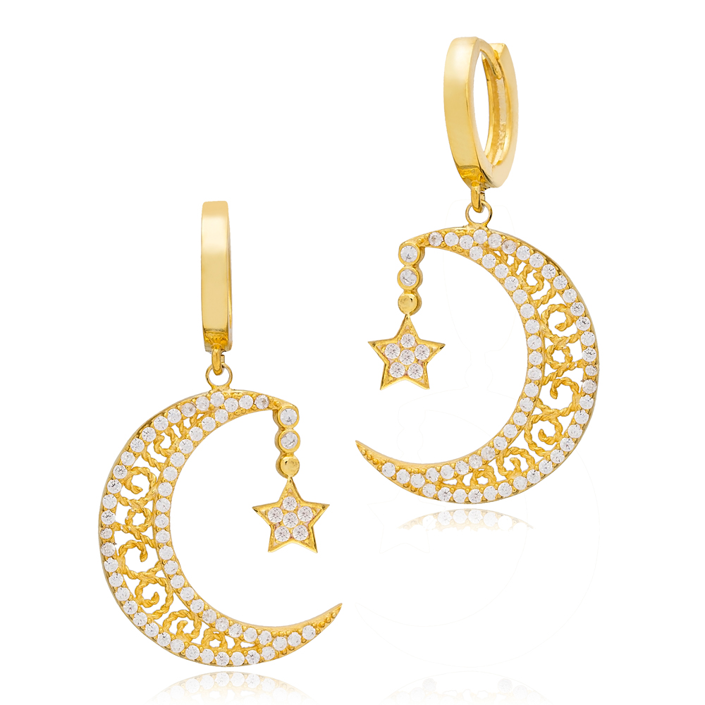 New Trend Moon and Star Charm Dangle Earrings Wholesale Handmade Turkish 925 Silver Sterling Jewelry