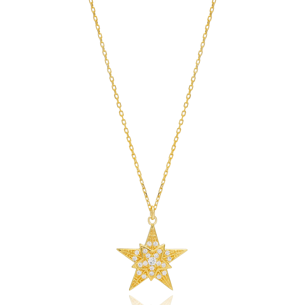 Elegant Star Design Charm Pendant Necklace Turkish 925 Sterling Silver Jewelry