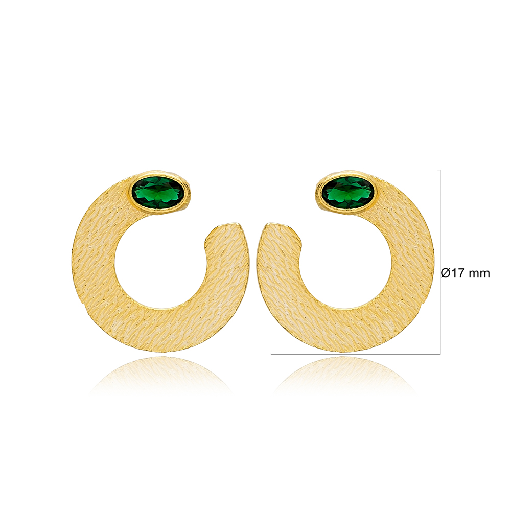 Stylish Half Circle Shape Emerald Stone Stud Earrings 925 Sterling Silver Textured Jewelry