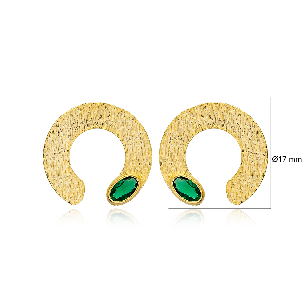 Half Circle Shape Emerald Stone Stud Earrings Turkish Wholesale 925 Sterling Textured Jewelry