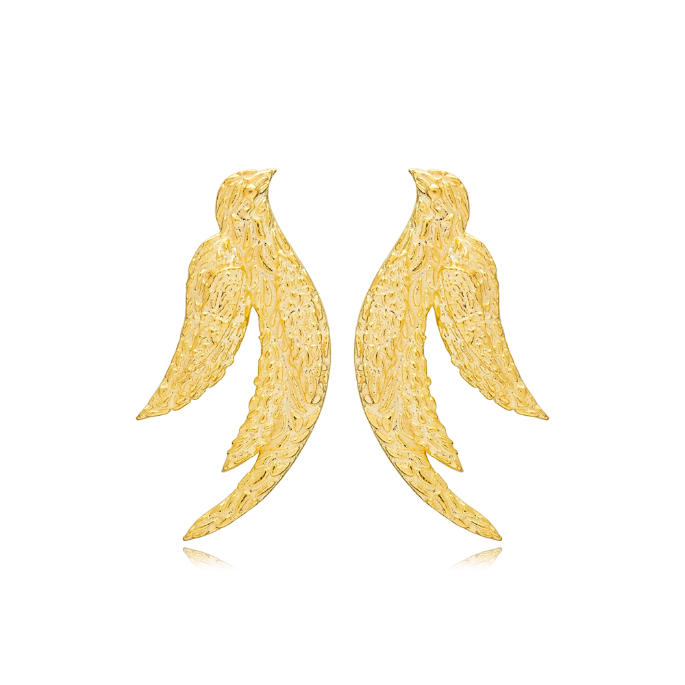 Elegant Bird Design Textured Stud Earrings Handcrafted Turkish 925 Sterling Silver Jewelry