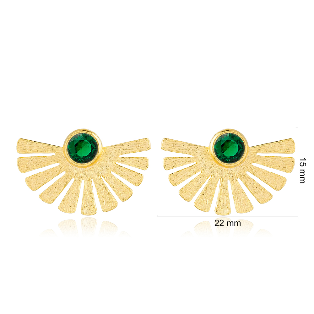 Textured Fan Design Stud Earrings Round Shape Emerald Stone Turkish Handmade 925 Sterling Silver Jewelry