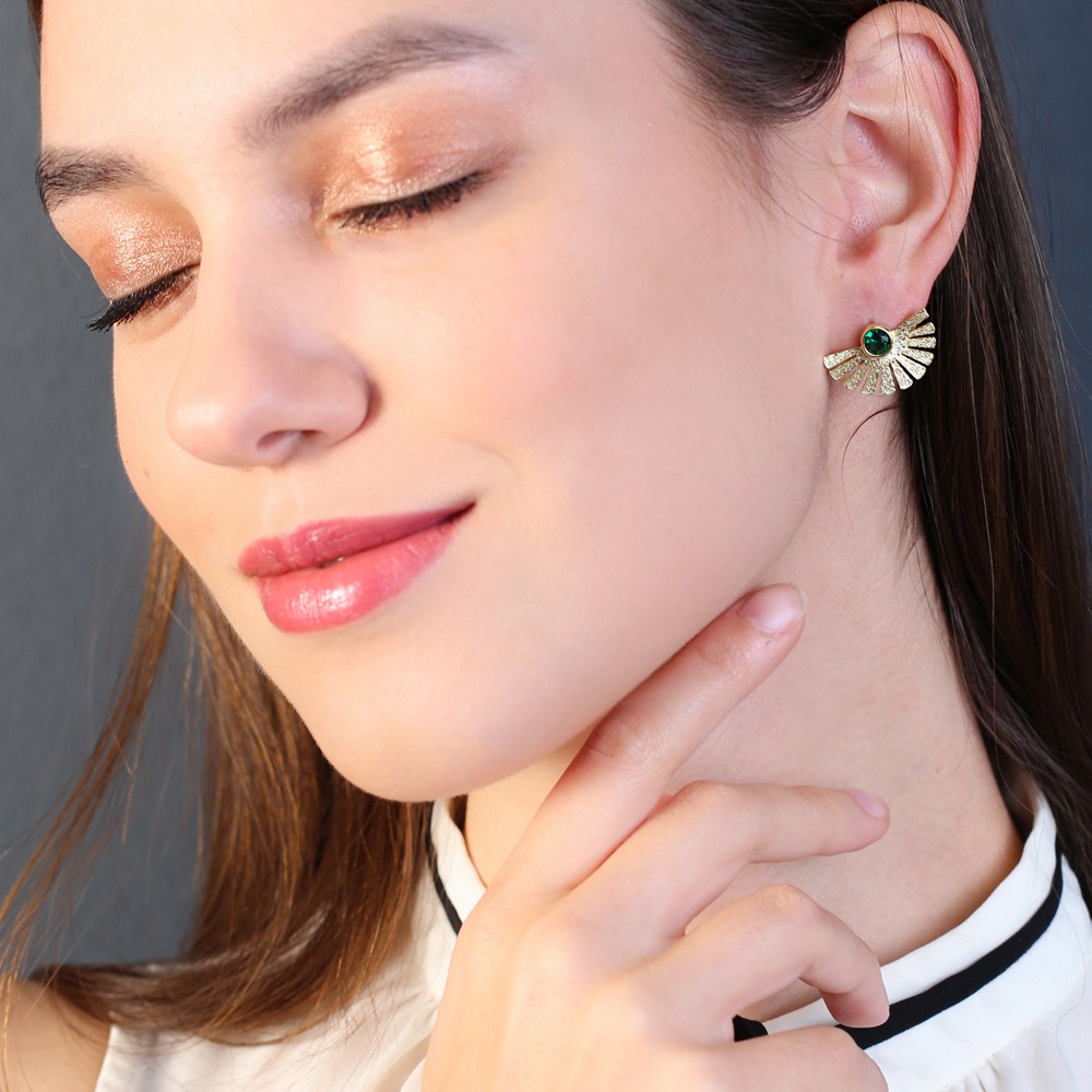 Textured Fan Design Stud Earrings Round Shape Emerald Stone Turkish Handmade 925 Sterling Silver Jewelry