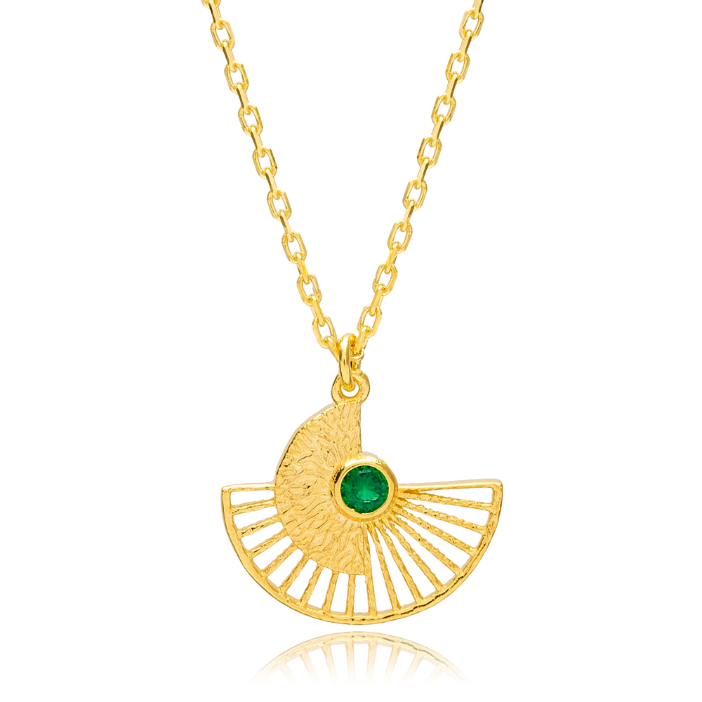 Unique Fan Shaped Unique Charm Pendant Emerald Stone Turkish Handcrafted 925 Sterling Silver Jewelry