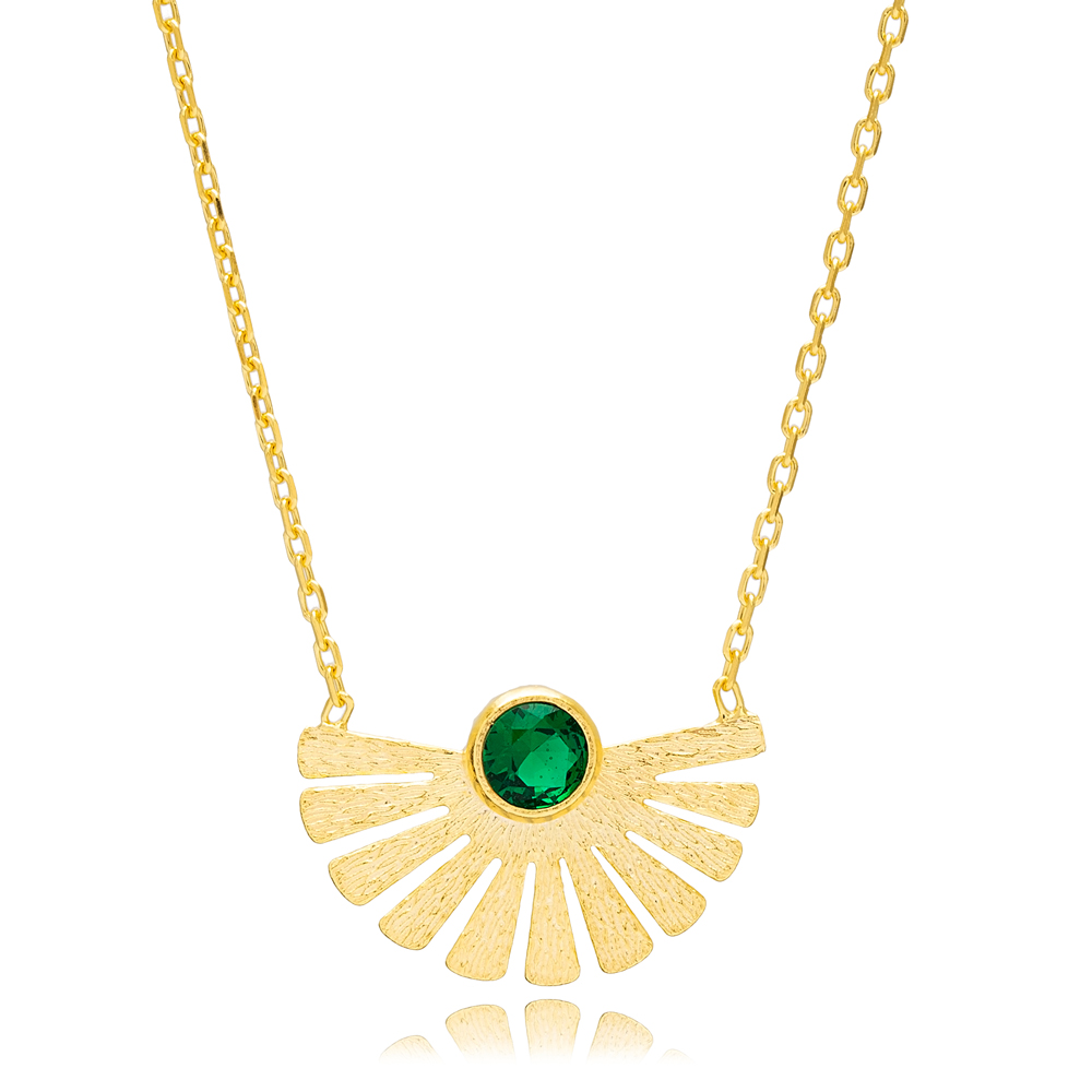 Emerald Stone Fan Shaped Charm Pendant Necklace Turkish 925 Sterling Silver Jewellery