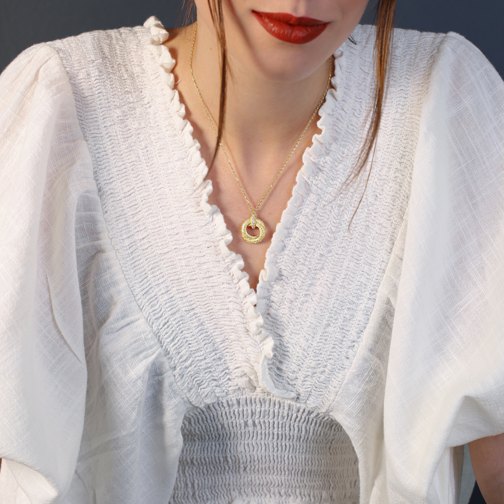 Unique Shape Dainty Round Design Textured Charm Necklace Turkish Wholesale 925 Silver Jewelry