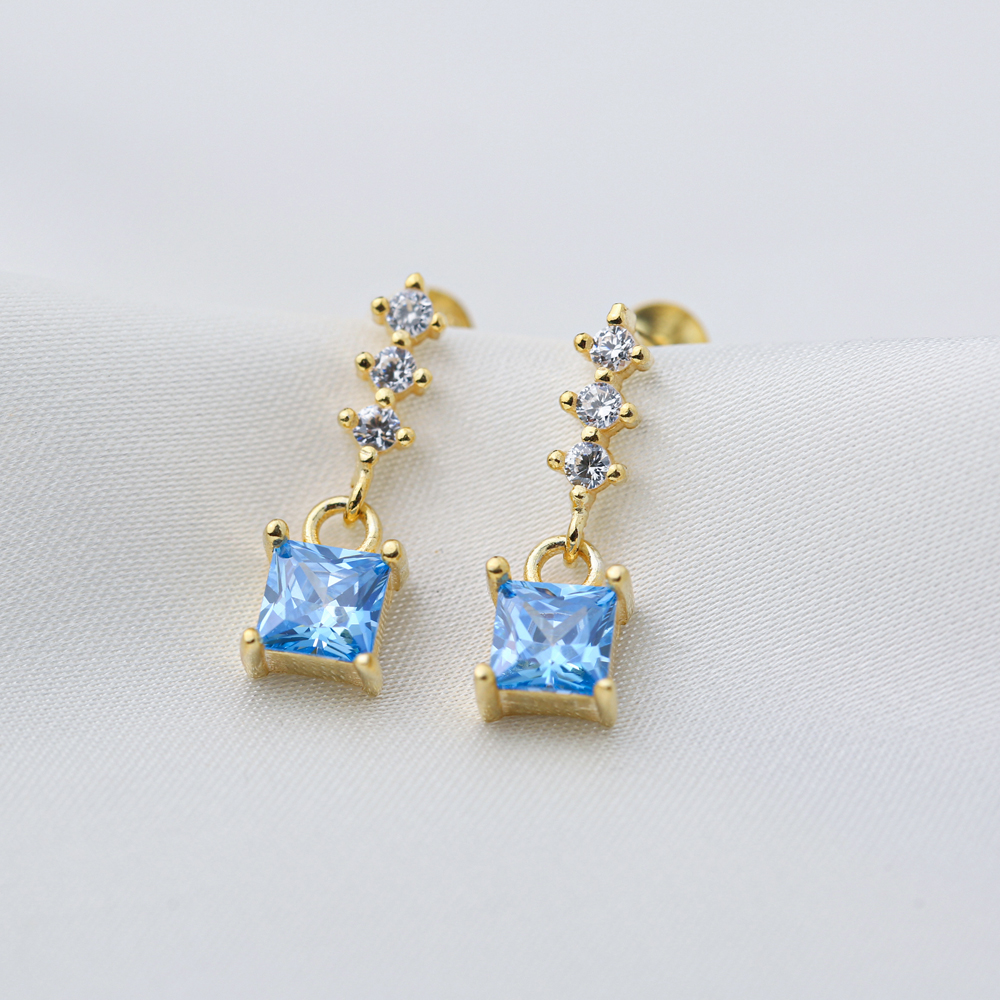 Stylish Aquamarine Square Shape Stud Earrings Turkish Handcrafted 925 Sterling Silver Jewelry