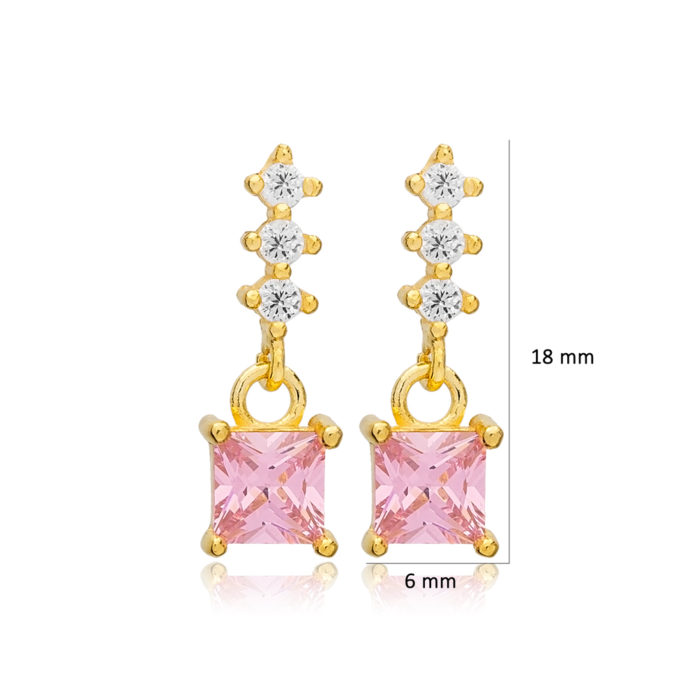 Dainty Pink Zircon Square Shape Stud Earrings Turkish Handmade 925 Sterling Silver Jewelry