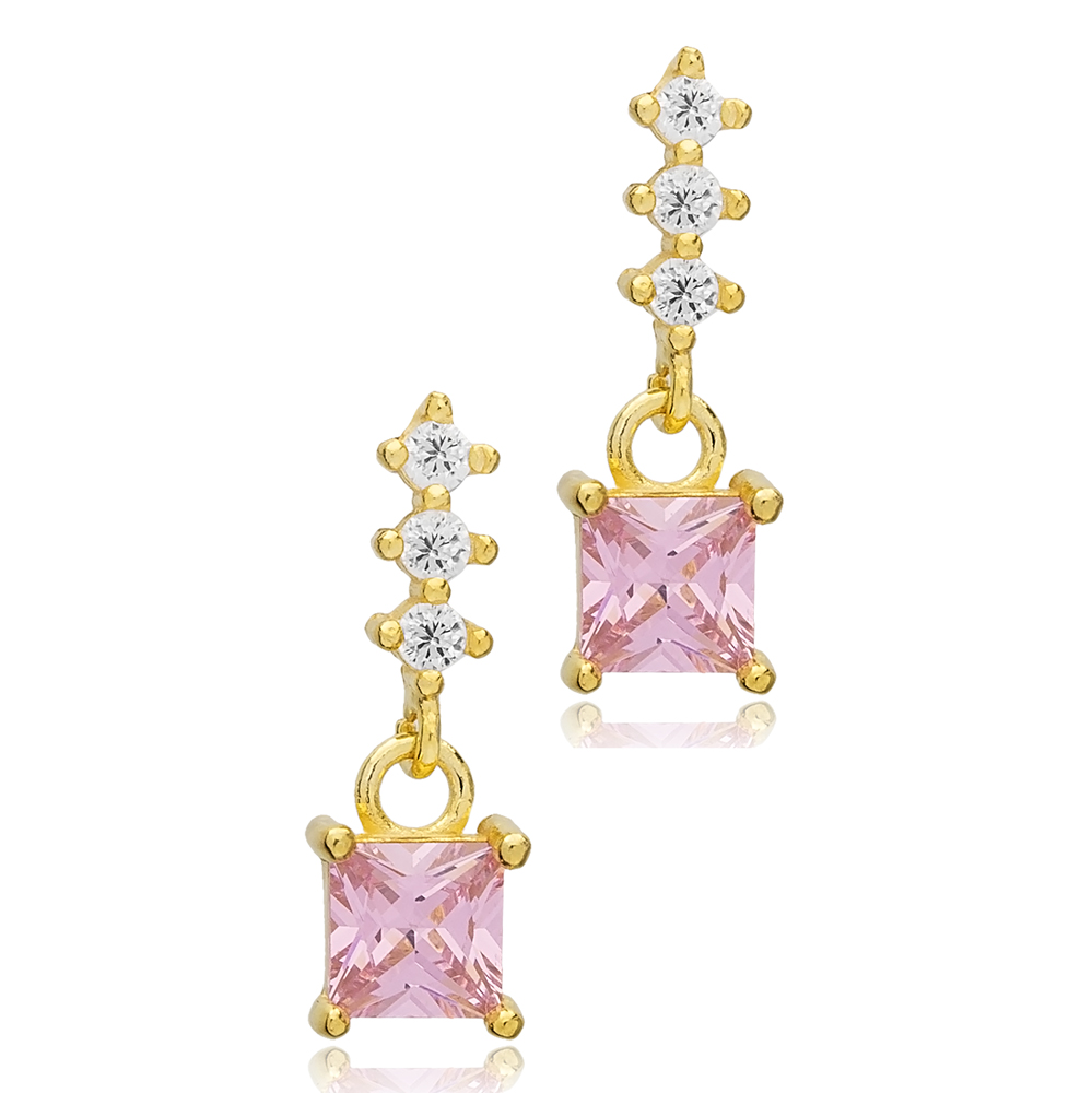 Dainty Pink Zircon Square Shape Stud Earrings Turkish Handmade 925 Sterling Silver Jewelry
