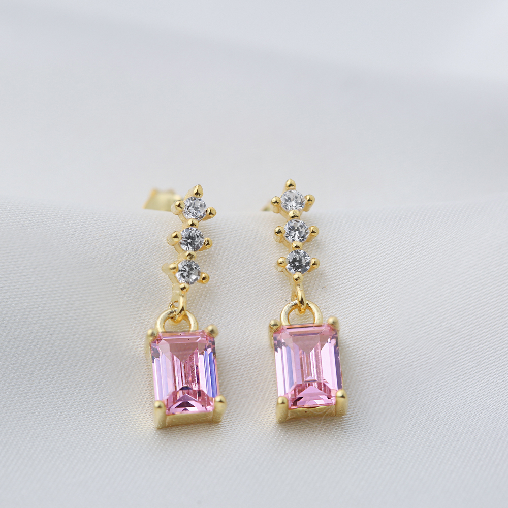 Sweet Pink Zircon Rectangle Design Stud Earrings Turkish Handmade 925 Sterling Silver Jewelry