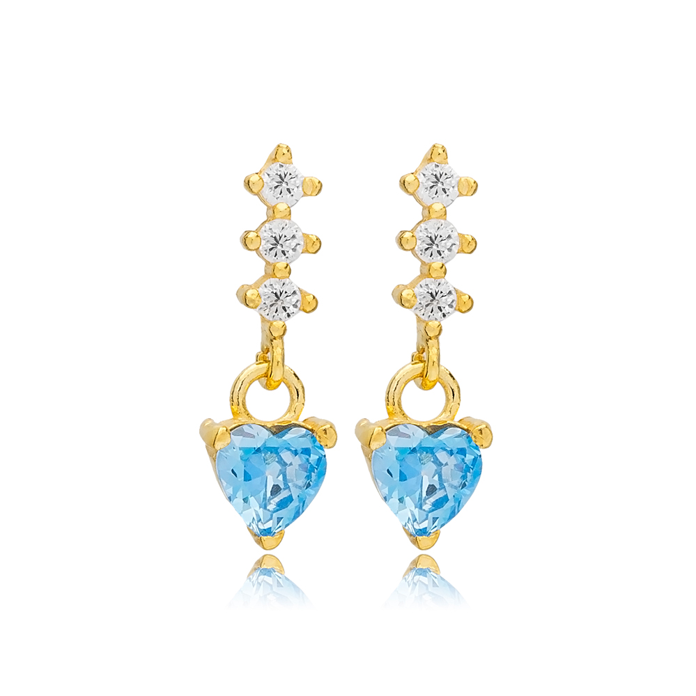 Elegant Heart Design Aquamarine Stone Stud Earrings Handcrafted Turkish 925 Sterling Silver Jewelry