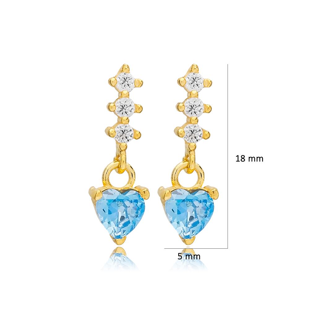 Elegant Heart Aquamarine Stone Stud Earrings Handcrafted Turkish 925 Sterling Silver Jewelry
