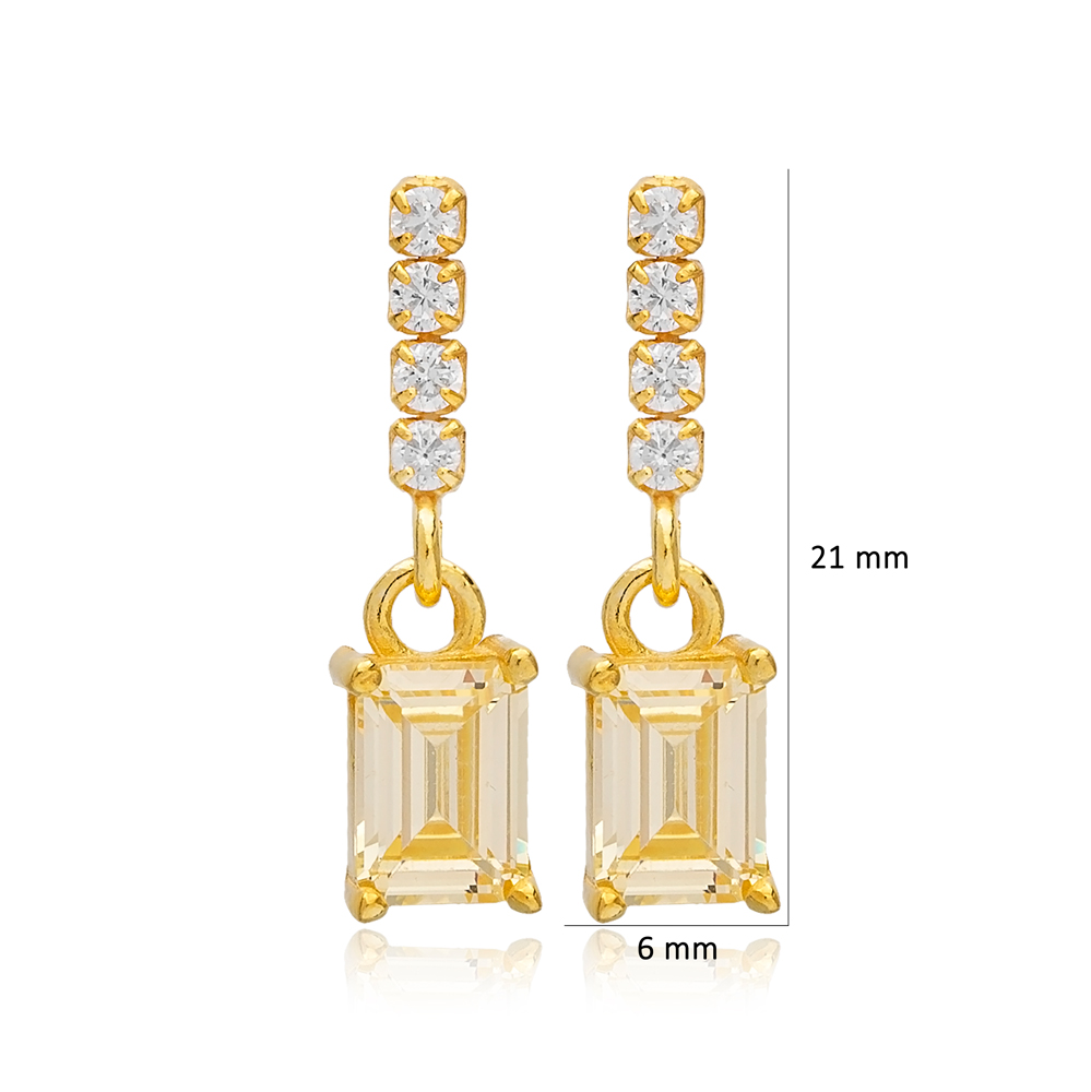 Rectangle Design Light Citrine Chain Stud Earrings Handcrafted Turkish 925 Sterling Silver Jewelry