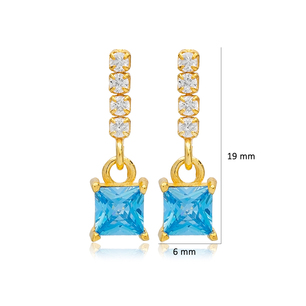 Aquamarine Square Shape Chain Stud Earrings Handcrafted Turkish 925 Sterling Silver Jewelry