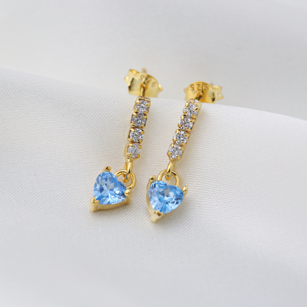 Aquamarine Heart Design Chain Stud Earrings Handmade Turkish 925 Sterling Silver Jewelry