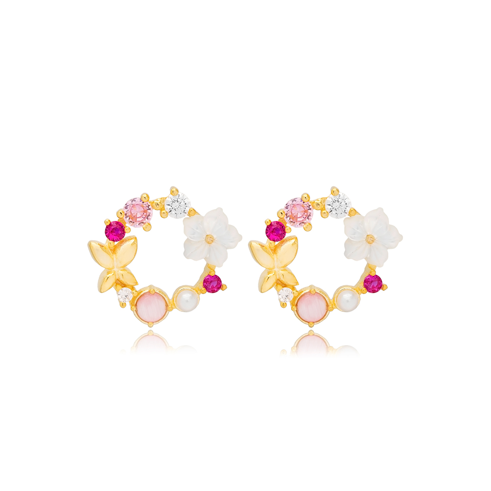 Multicolor Pink Dainty Fresh Simple Flower Design Stud Earrings Pearl Handcrafted Turkish 925 Sterling Silver Jewelry