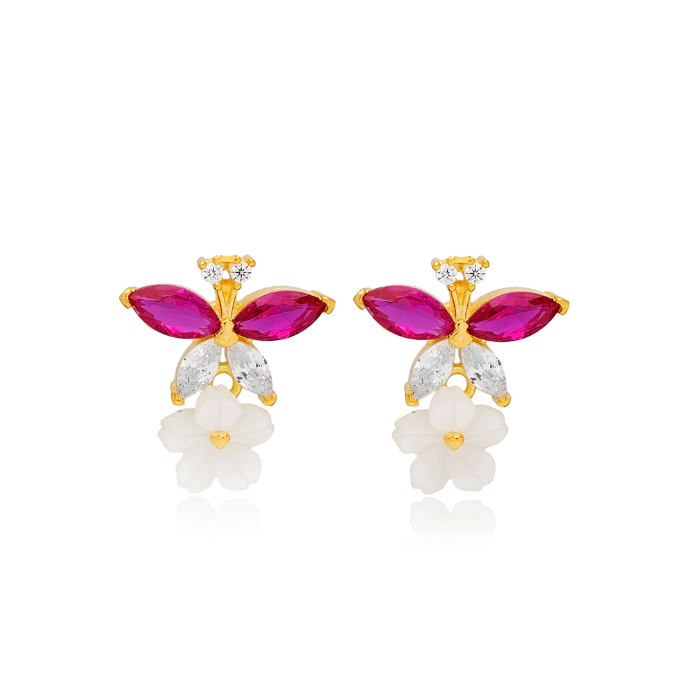 Minimalist Ruby Zircon Stone Marquise Cut Stud Earrings Flower Design Handcrafted Turkish 925 Sterling Silver Jewelry