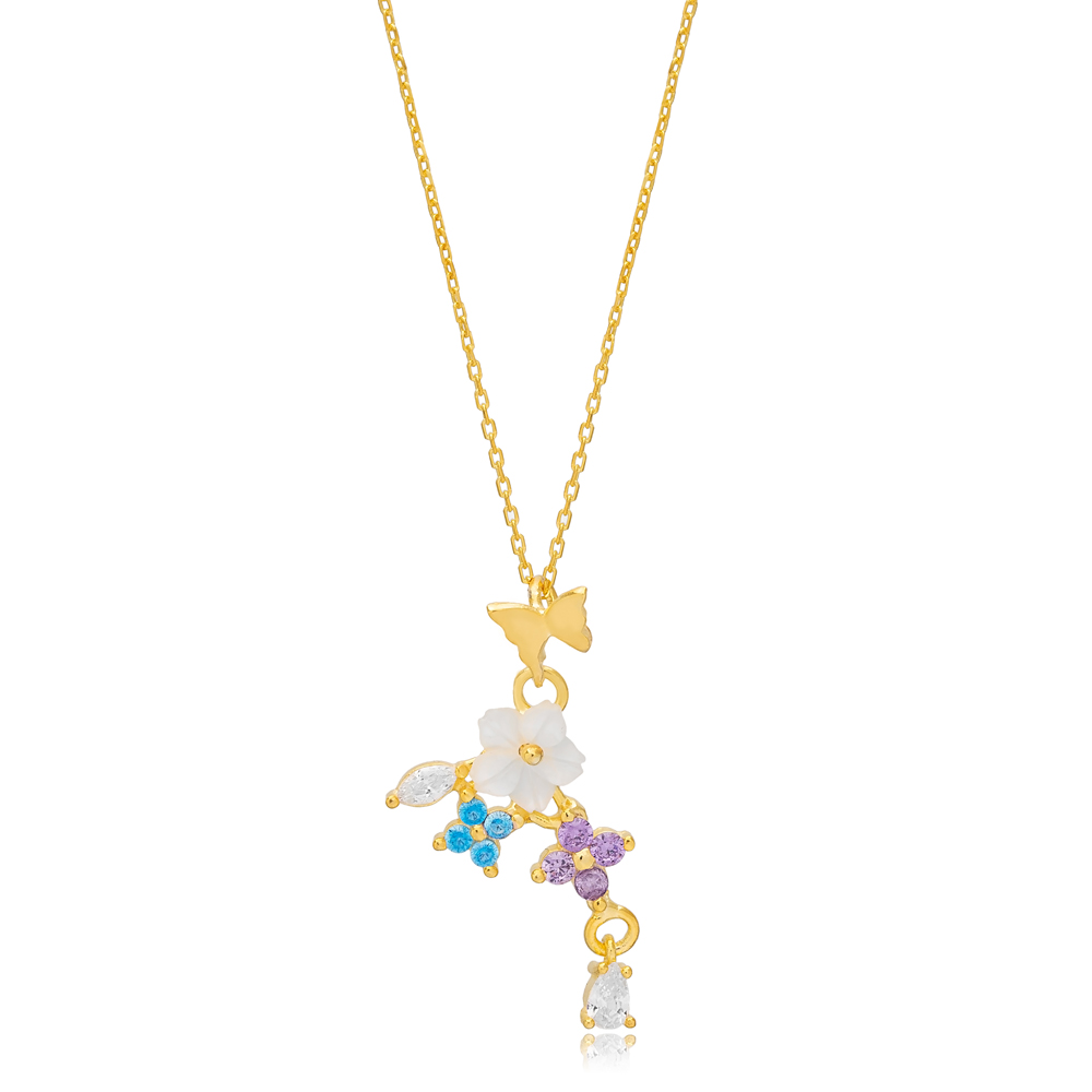 Multicolor Fresh Simple Summer Collection Flower Butterfly Charm Necklace Pendant Turkish 925 Sterling Silver Jewelry