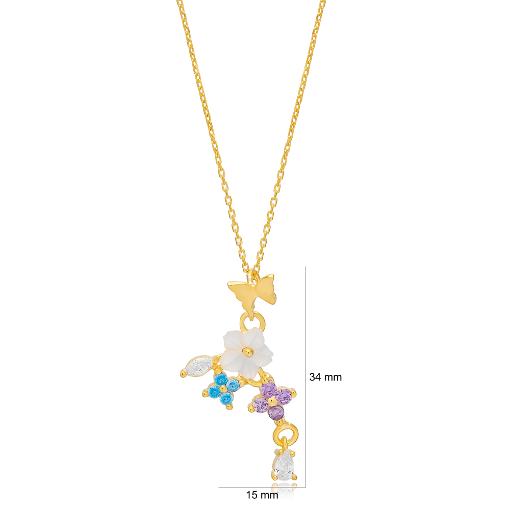 Multicolor Simple Summer Collection Flower Butterfly Charm Necklace Pendant Turkish 925 Sterling Silver Jewelry
