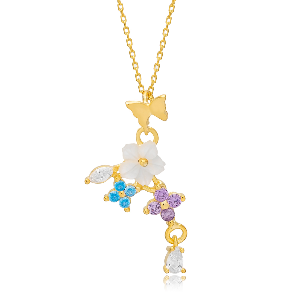 Multicolor Fresh Simple Summer Collection Flower Butterfly Charm Necklace Pendant Turkish 925 Sterling Silver Jewelry