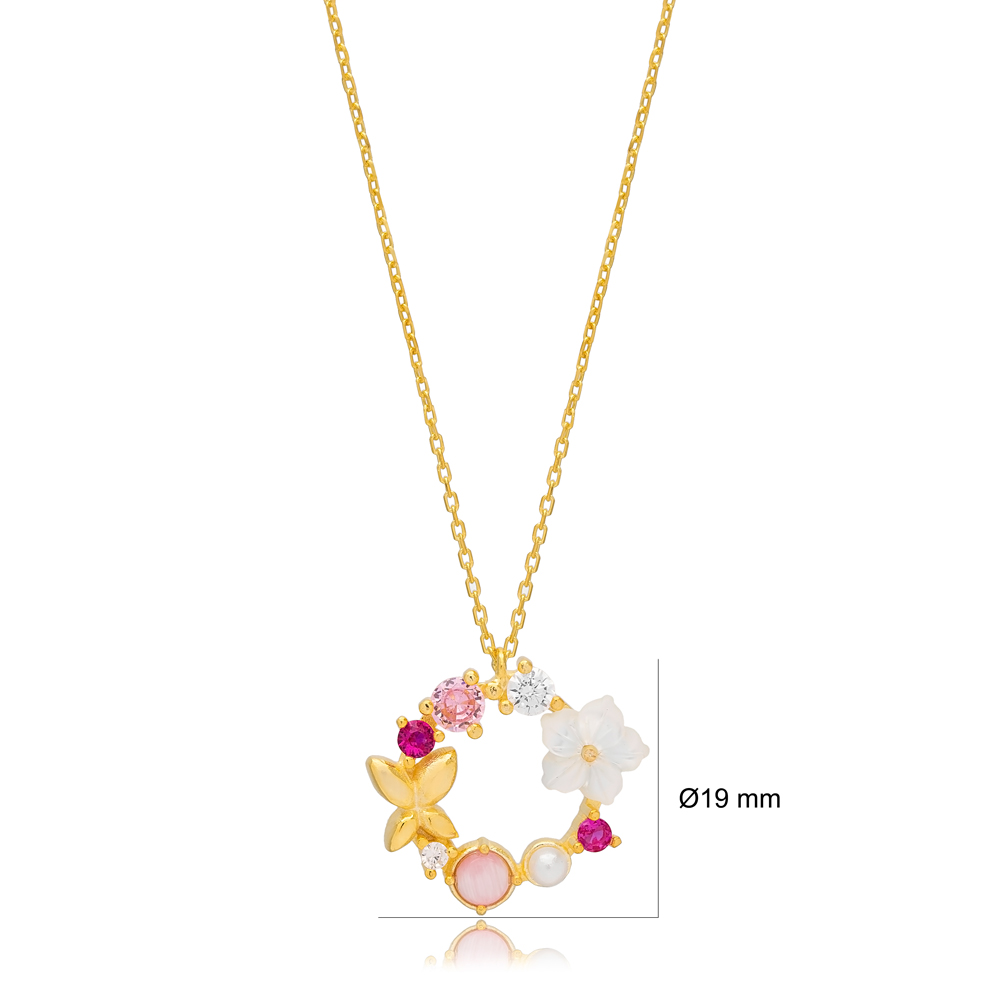 Multicolor Summer Collection Flower Butterfly Round Charm Necklace Pendant Turkish Handmade 925 Sterling Silver Jewelry