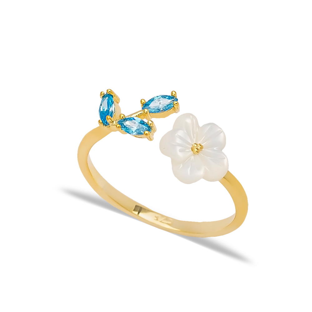 Dainty Aquamarine Stone Flower Adjustable Women Ring Turkish Handmade 925 Sterling Silver Jewelry