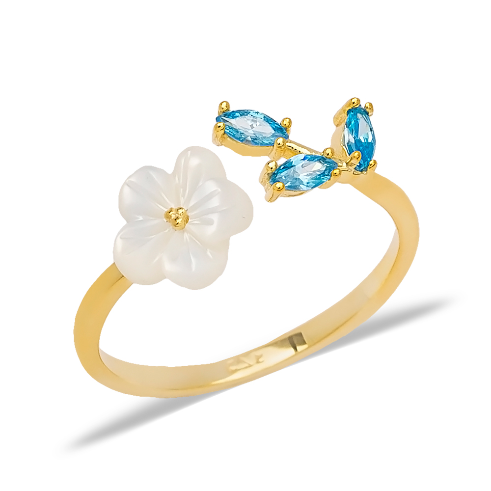 Dainty Aquamarine Stone Flower Adjustable Women Ring Turkish Handmade 925 Sterling Silver Jewelry