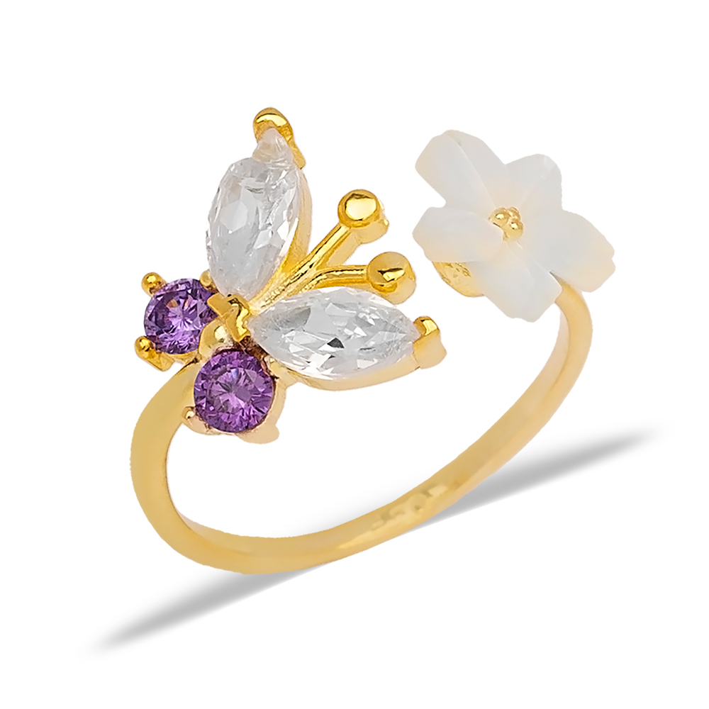 Summer Collection Women Ring Amethyst Butterfly Flower Design Adjustable Ring Turkish Silver Jewelry