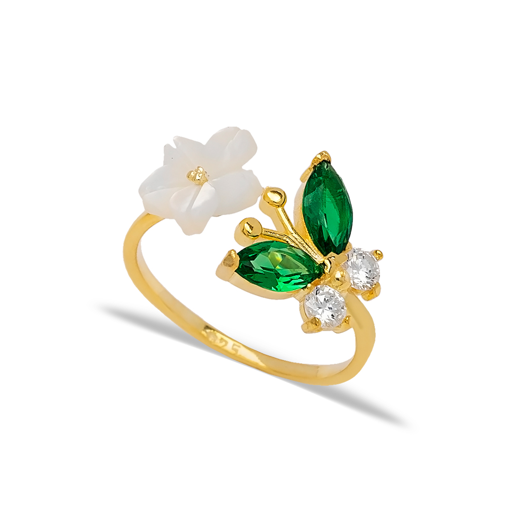 Fresh Trend Women Ring Butterfly Flower Design Emerald Adjustable Ring Turkish Silver Jewelry