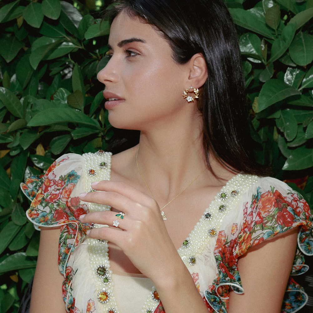 Fresh Trend Women Ring Butterfly Flower Design Emerald Adjustable Ring Turkish Silver Jewelry