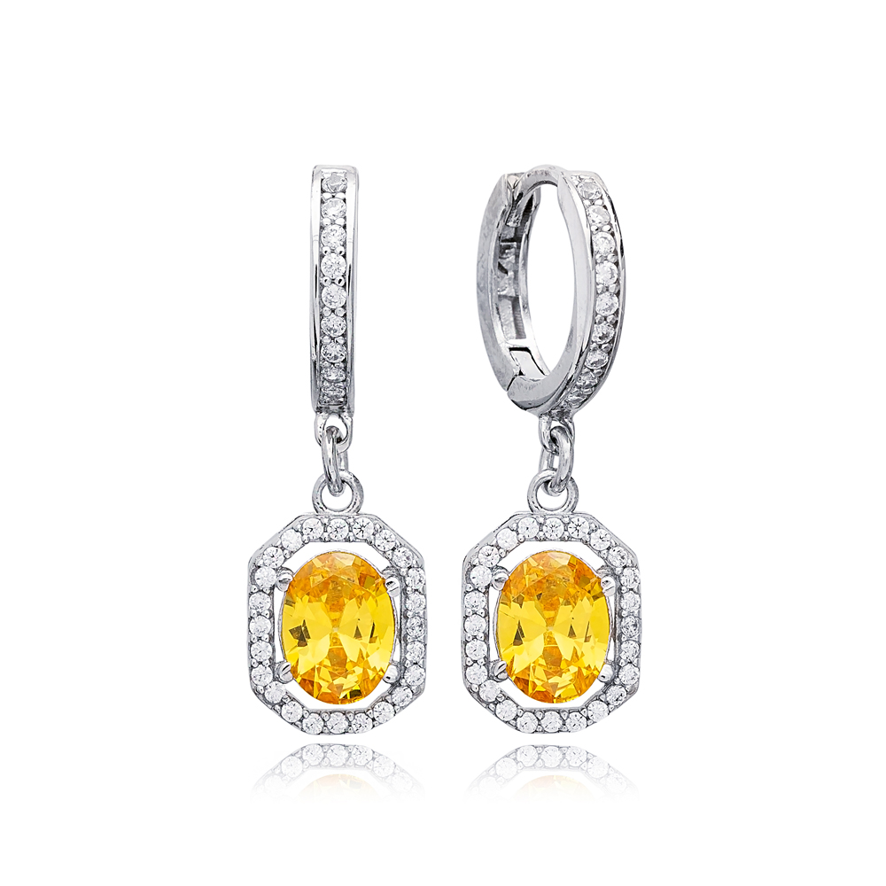 Yellow Citrine Stone Geometric Style Oval Dangle Earrings Handmade Wholesale 925 Sterling Silver Jewelry